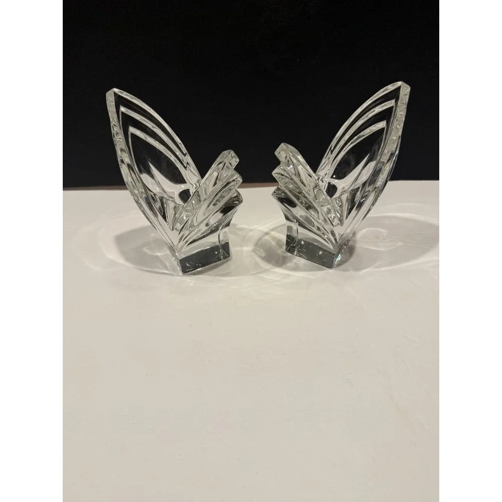 Mikasa Deco Crystal Candlestick Holders 5.5” Pair V-Shape Art Deco Japan Vintage